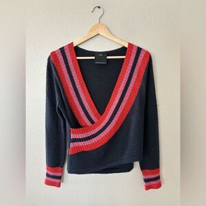 C/MEO Collective Faux Wrap Pink Red Navy Knit V Neck Sweater Size XS